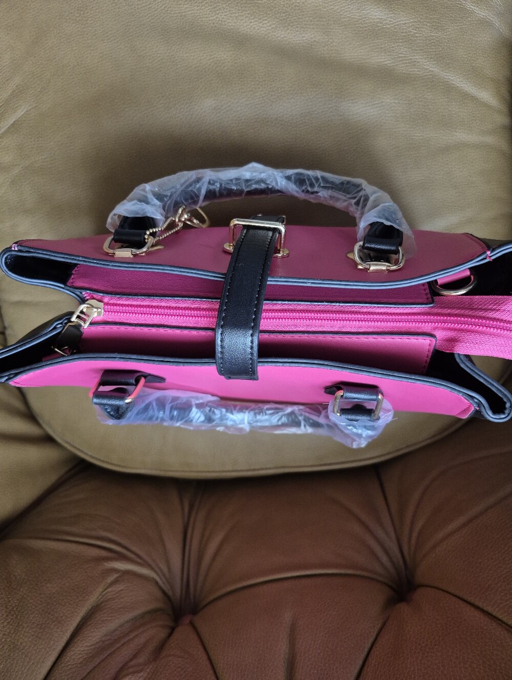 Pink and Black Structured Satchel with Gold Accents - Picture 7 of 9
